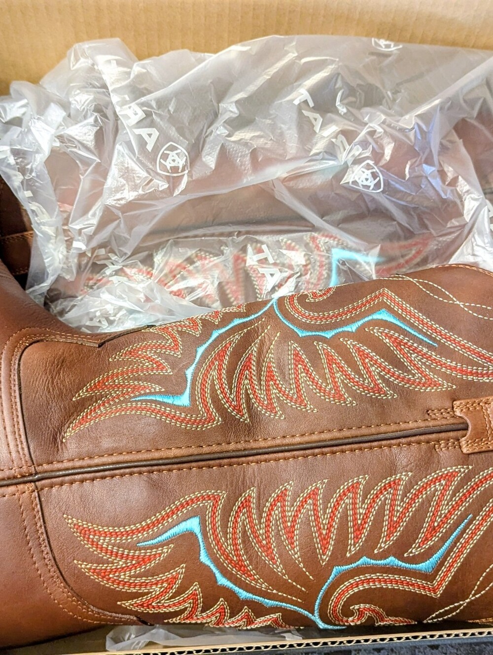 Ariat Brown Leather Cowboy Boots with Turquoise & Red Embroidery - Picture 6 of 8